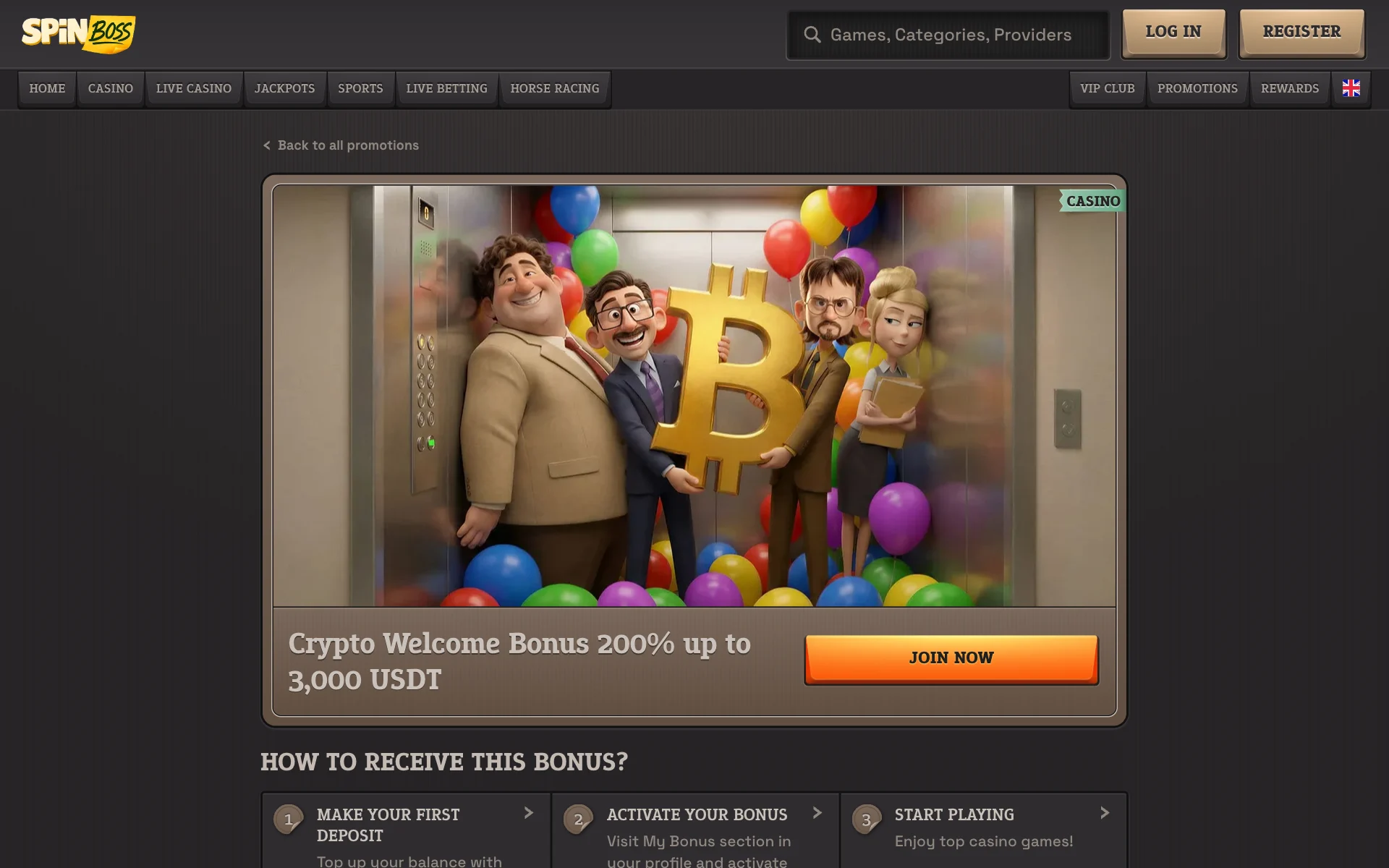 SpinBoss Crypto Welcome page: 200% up to 3,000 USDT and how to claim it