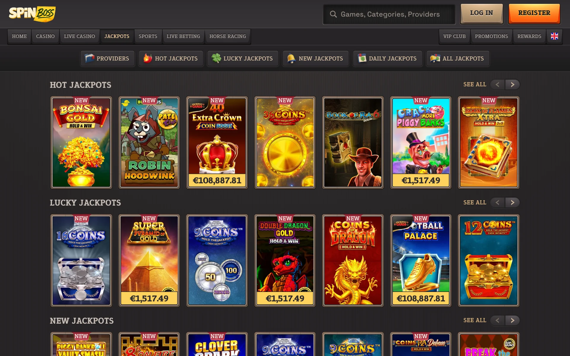 SpinBoss Casino jackpot lobby with Hot, Lucky and New jackpot rails