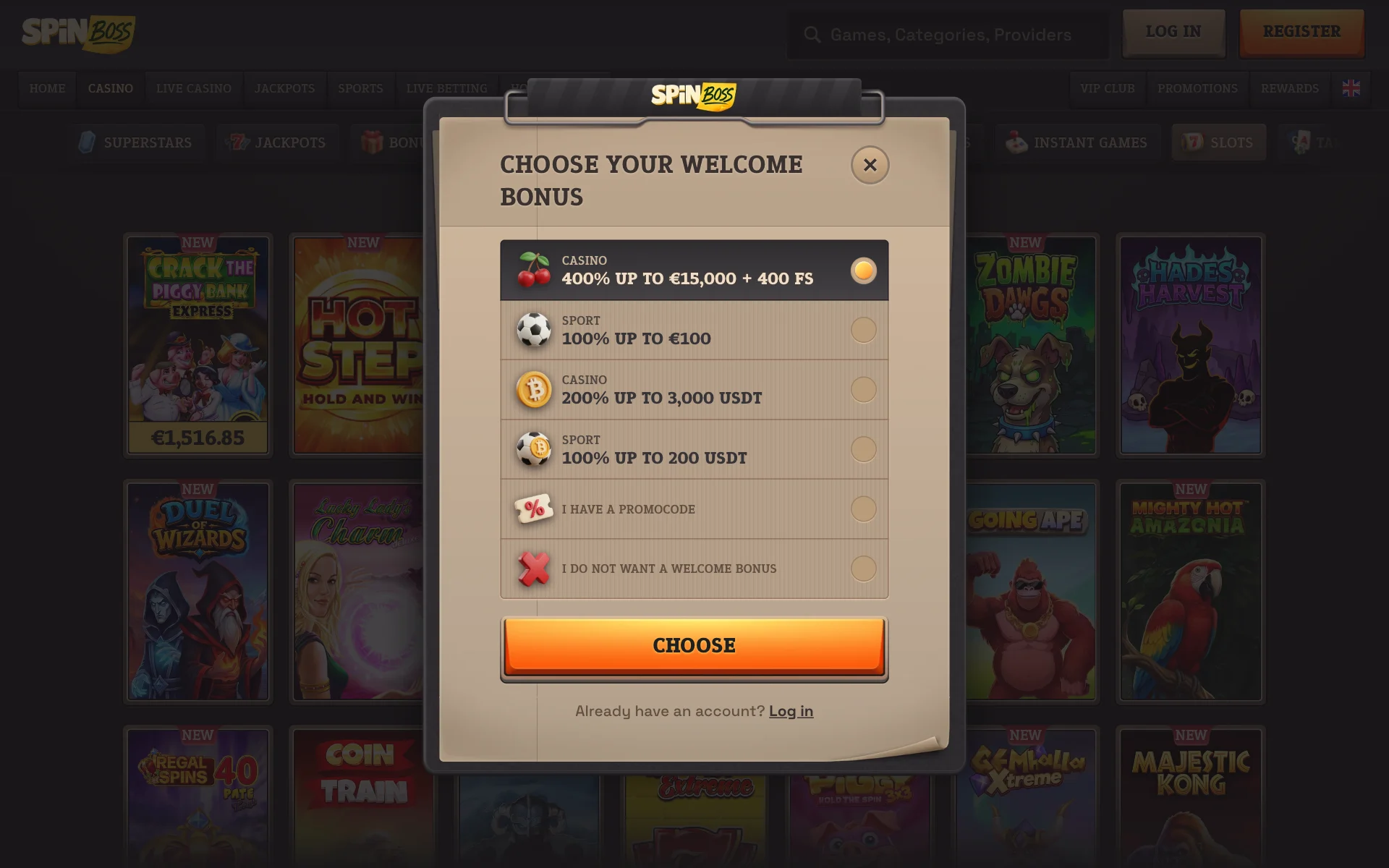 SpinBoss sign-up window offering the casino, sport and crypto welcome choices